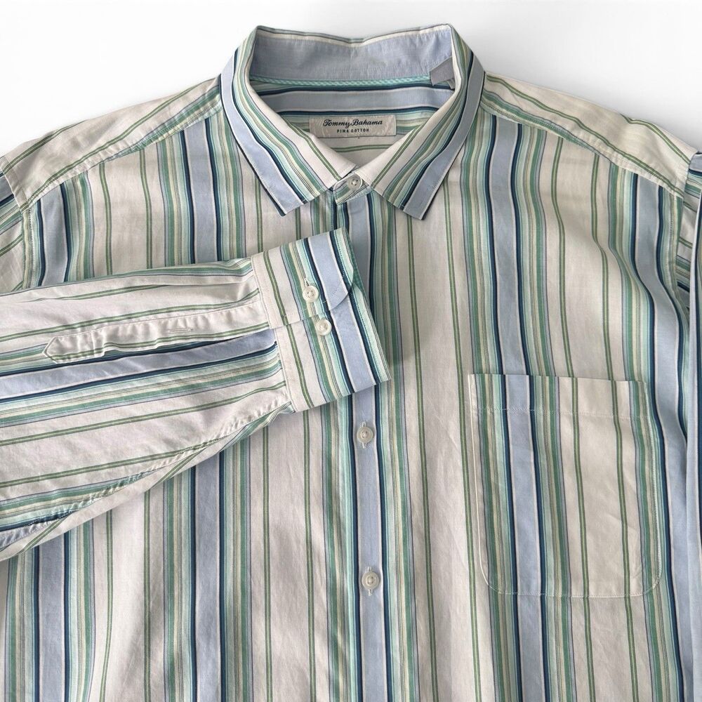 Tommy Bahama Pima Cotton Dress Shirt Men XL TG White Green Striped Long Sleeve